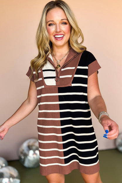 Black Stripe Color Block Short Sleeve Quarter Zip Mini Dress