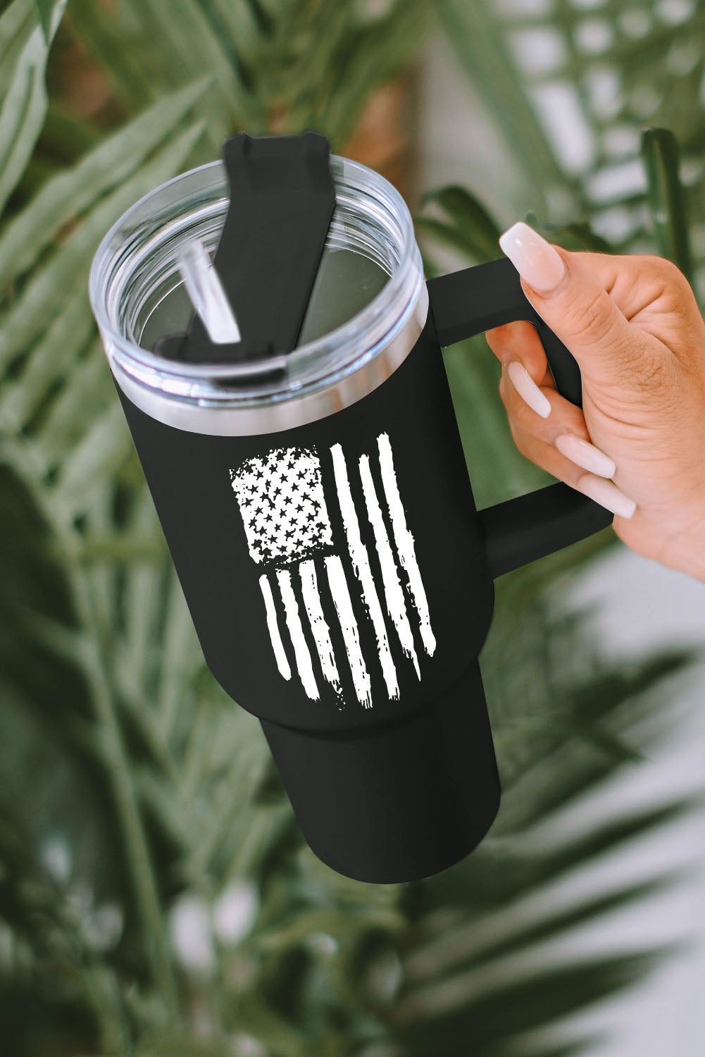 Black 40oz American Flag Print Stainless Steel Tumbler Mug with Handle