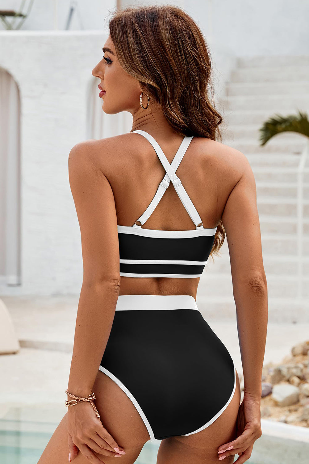 Black Contrast Trim Crisscross Back High Waisted Bikini Set