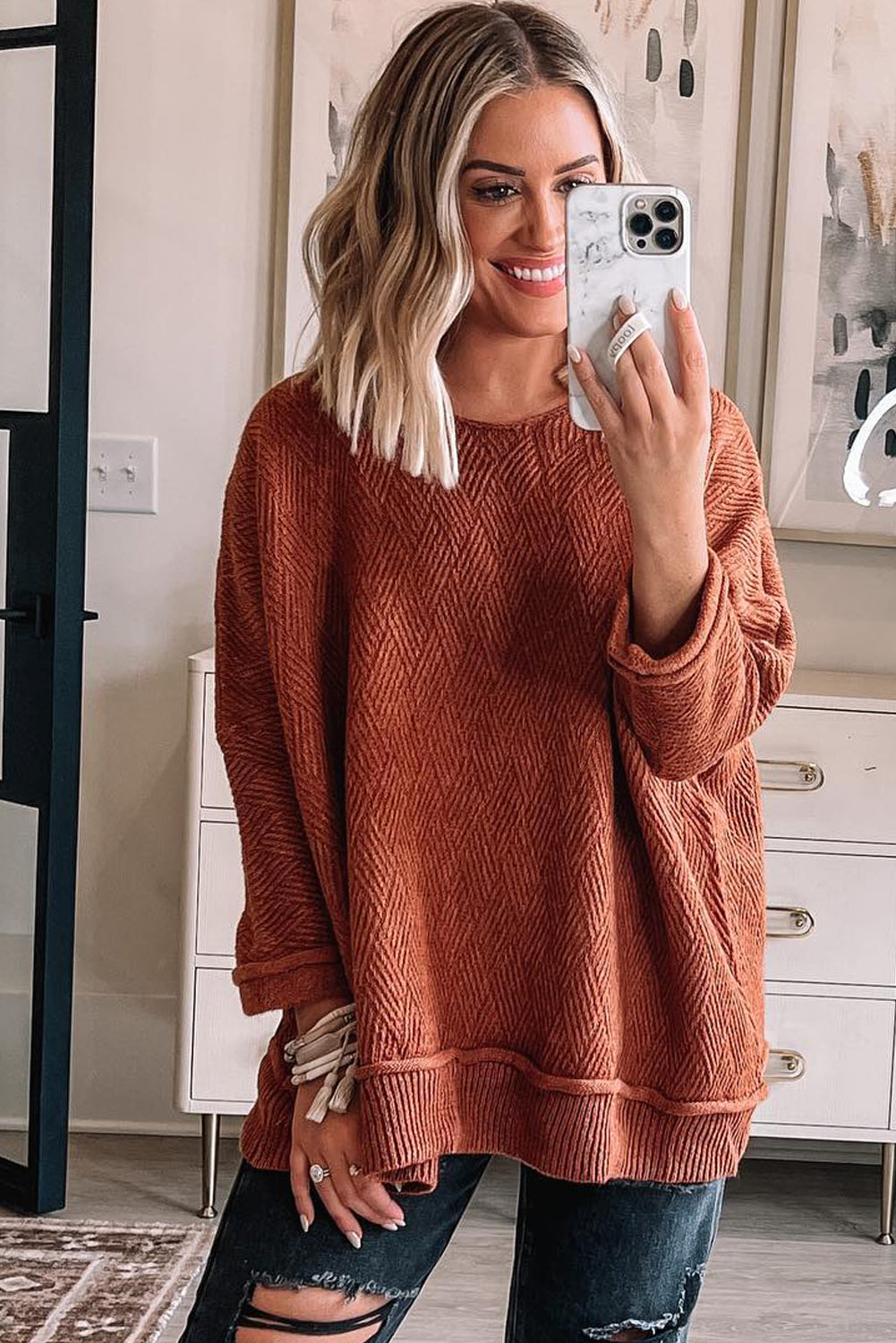 Gold Flame Loose Round Neck Textured Sweater