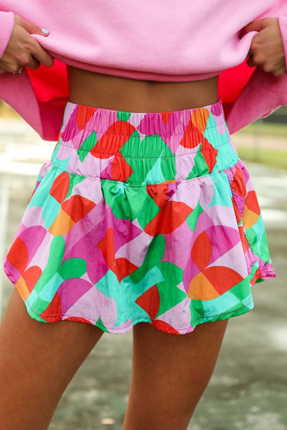 Green Abstract Print Smocked Waist Flared Shorts