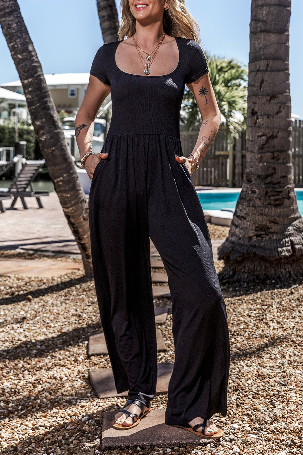 Black Pleated High Waist U Neck Short Sleeve Jumpsuit