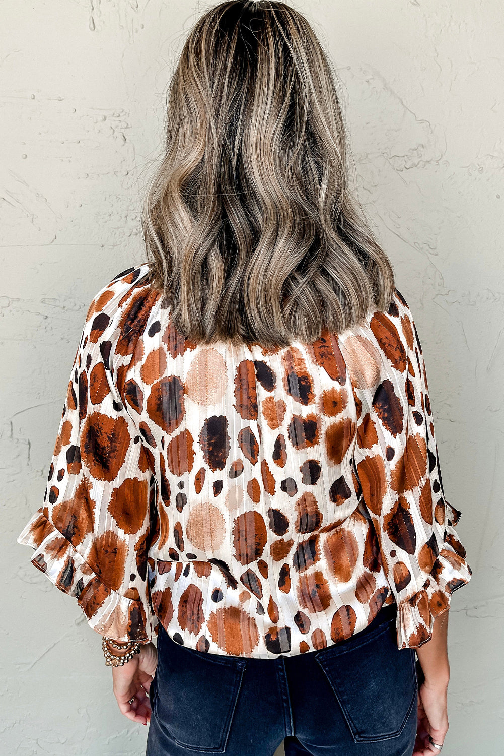 Brown Abstract Print Ruffle 3/4 Sleeve Tie Neck Blouse