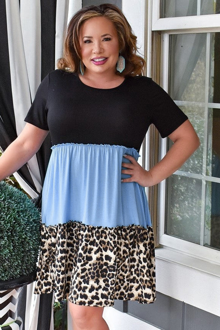 Black & Blue Color Block Leopard Patchwork Plus Size Shirt Dress