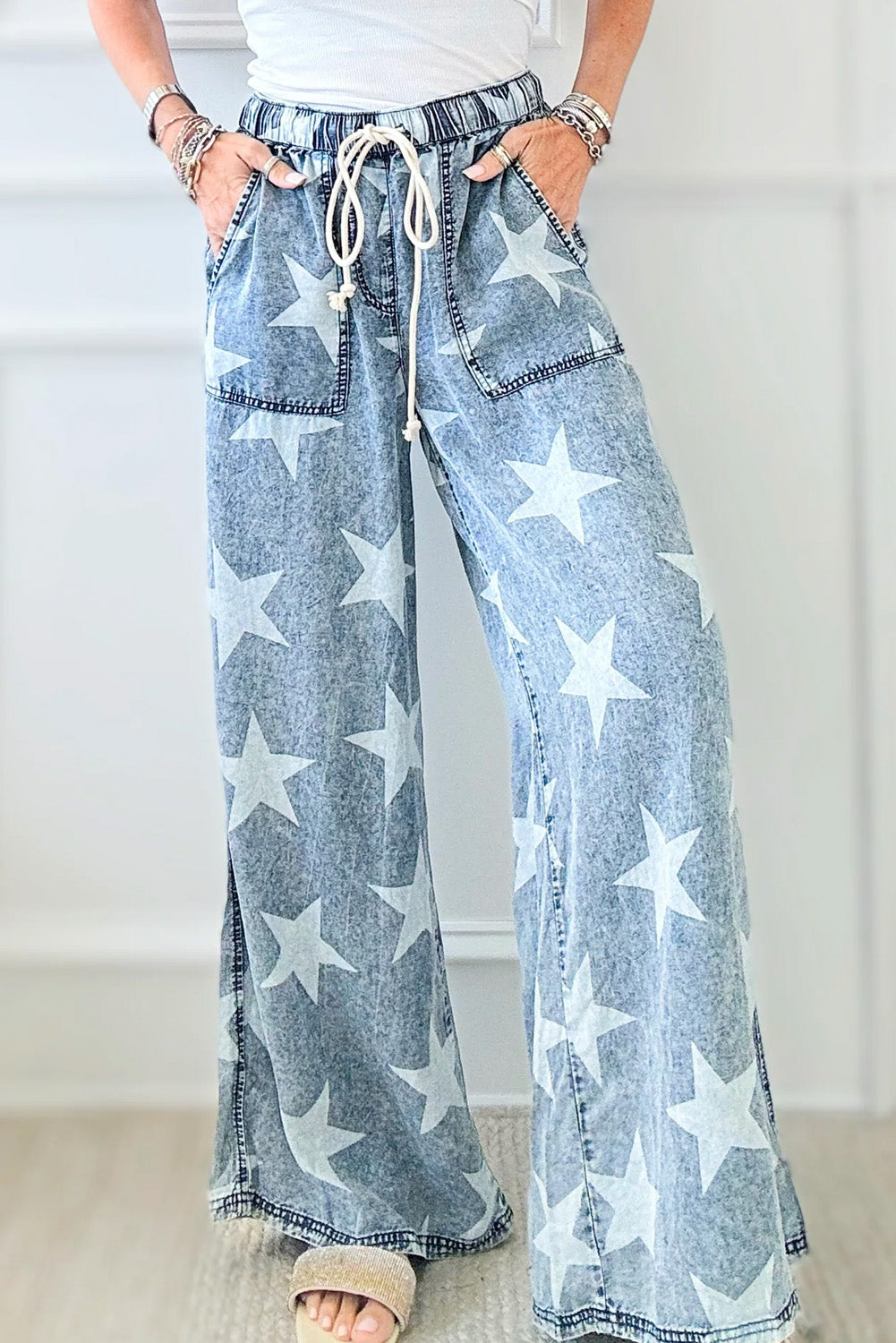 Light Blue Star Print Light Wash Drawstring High Waist Wide Leg Jeans