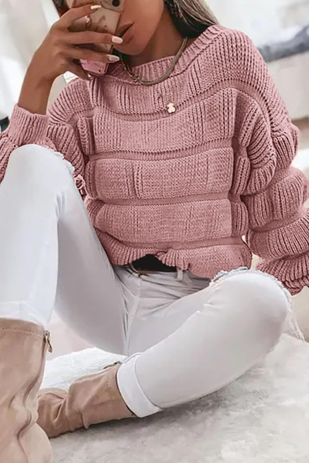 Rose Tan Plain Chunky Knit Long Puff Sleeve Sweater