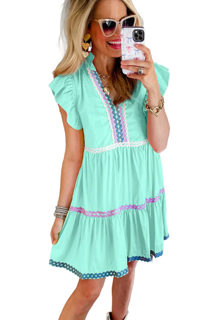 Wholesale Mint Green Flutter Sleeve V Neck Ric Rac Tiered Dress