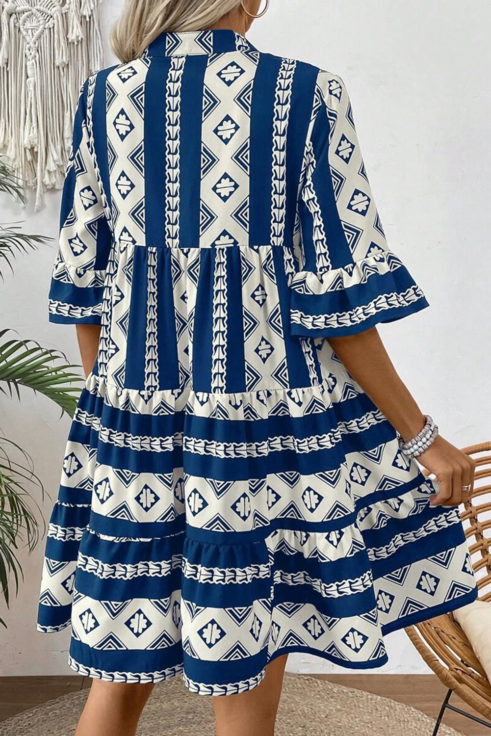 Blue Abstract Print Bell Sleeve V Neck Boho Tiered Dress