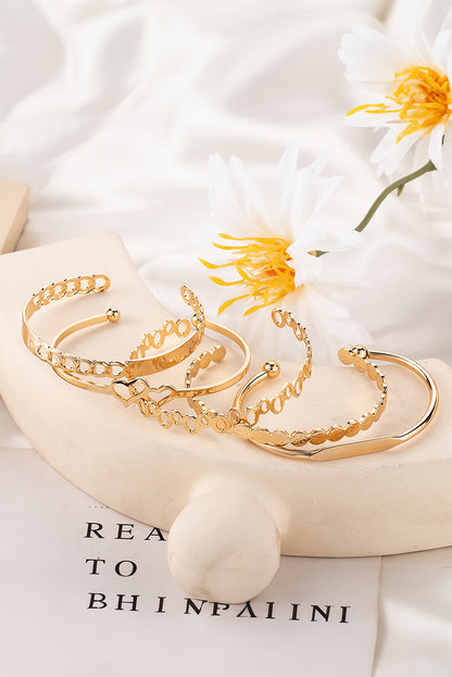 Gold Hollow Out Love Letter Heart Open Cuff Bangle 5pcs