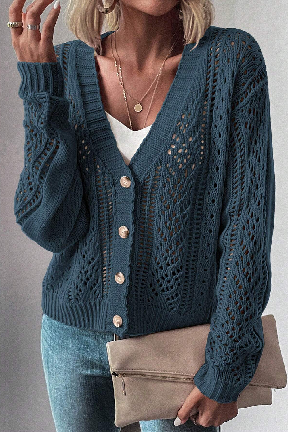 Dark Khaki Hollow Knit Drop Shoulder Cardigan