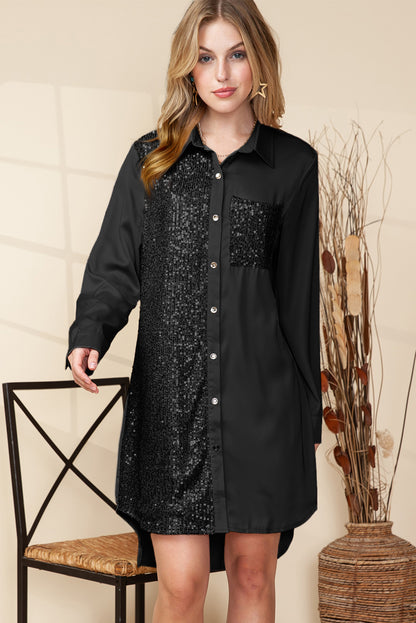 Black Sequin Splicing Pocket Casual Buttoned Shirt Dress