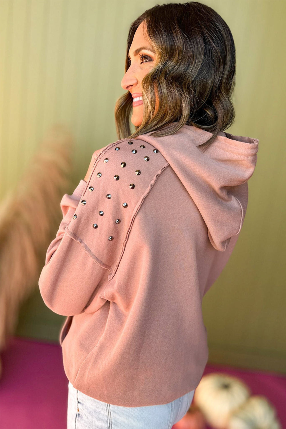 Fushia Stud Detail Kangaroo Pocket Hoodie