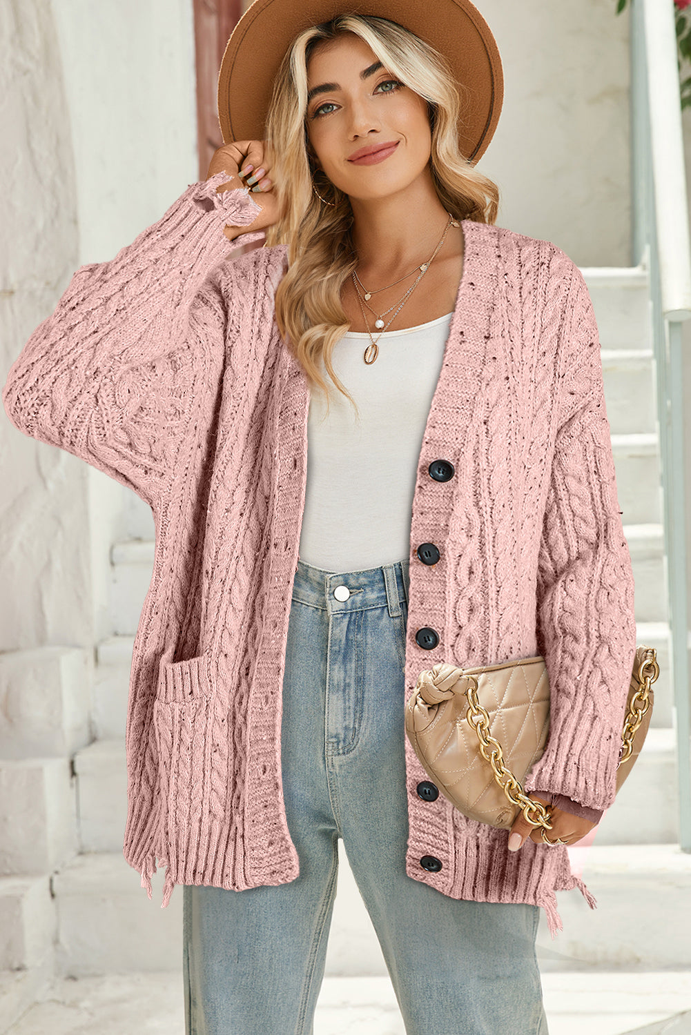 Fushia Cable Knit Button Front Cardigan