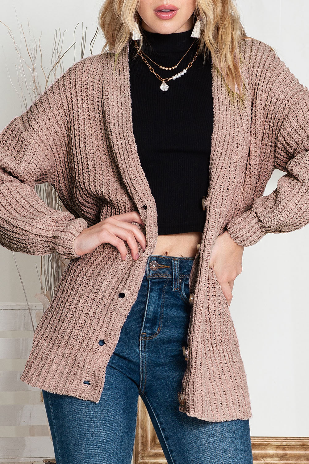 Khaki Solid Color Buttoned Down Casual Knitted Cardigan