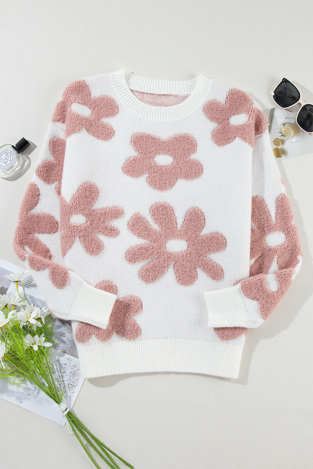 White Vintage Flower Drop Shoulder Loose Sweater