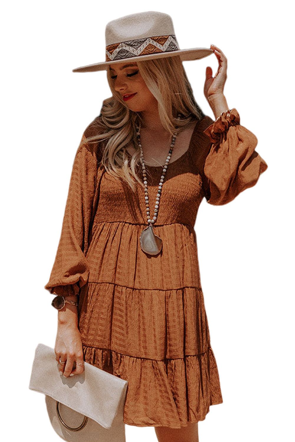 Long Sleeve Smocked Tiered Boho Dress