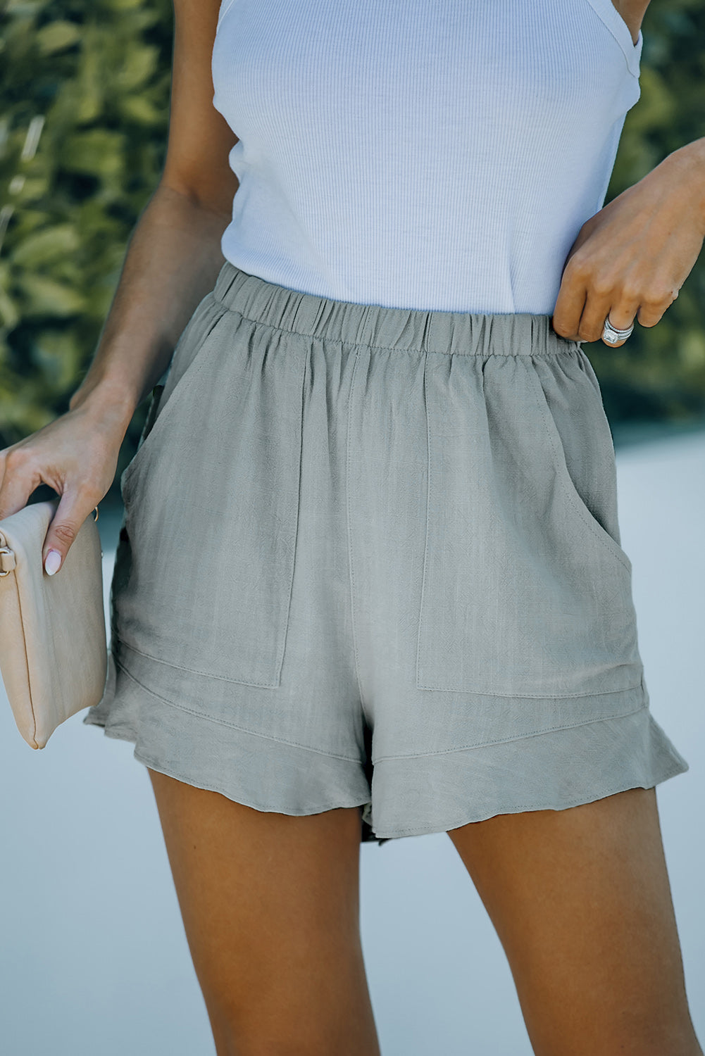 Khaki Casual Pocketed Ruffle High Waist Shorts