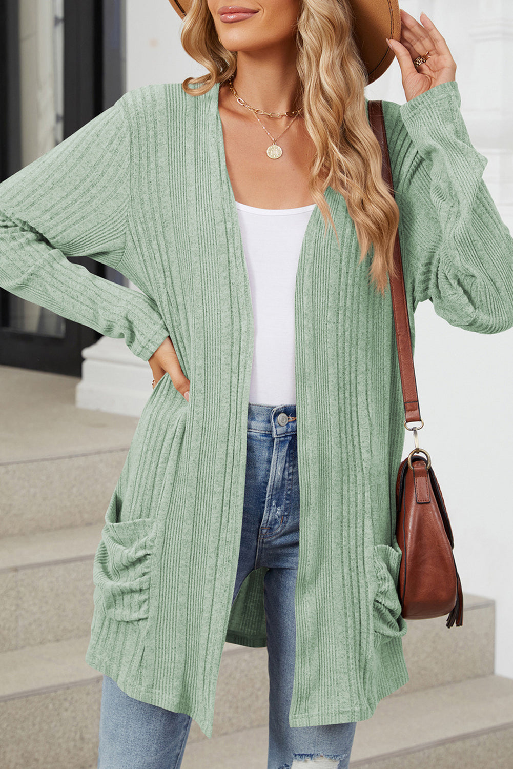 Smoke Green Knit Pocket Open Front Cardigan