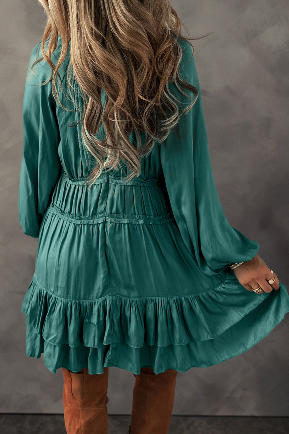 Black Puff Sleeve Loose Fit Tiered Ruffle Mini Dress