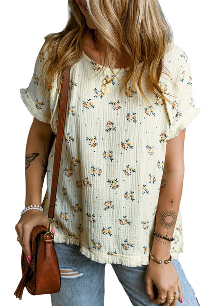 Beige Ditsy Floral Print Fringe Trim Crinkled Top