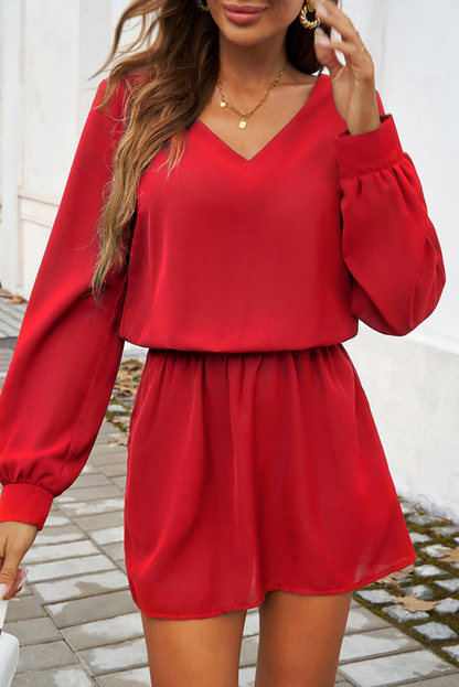 Fiery Red Solid Color Long Sleeve V Neck Bubble Sleeve Dress