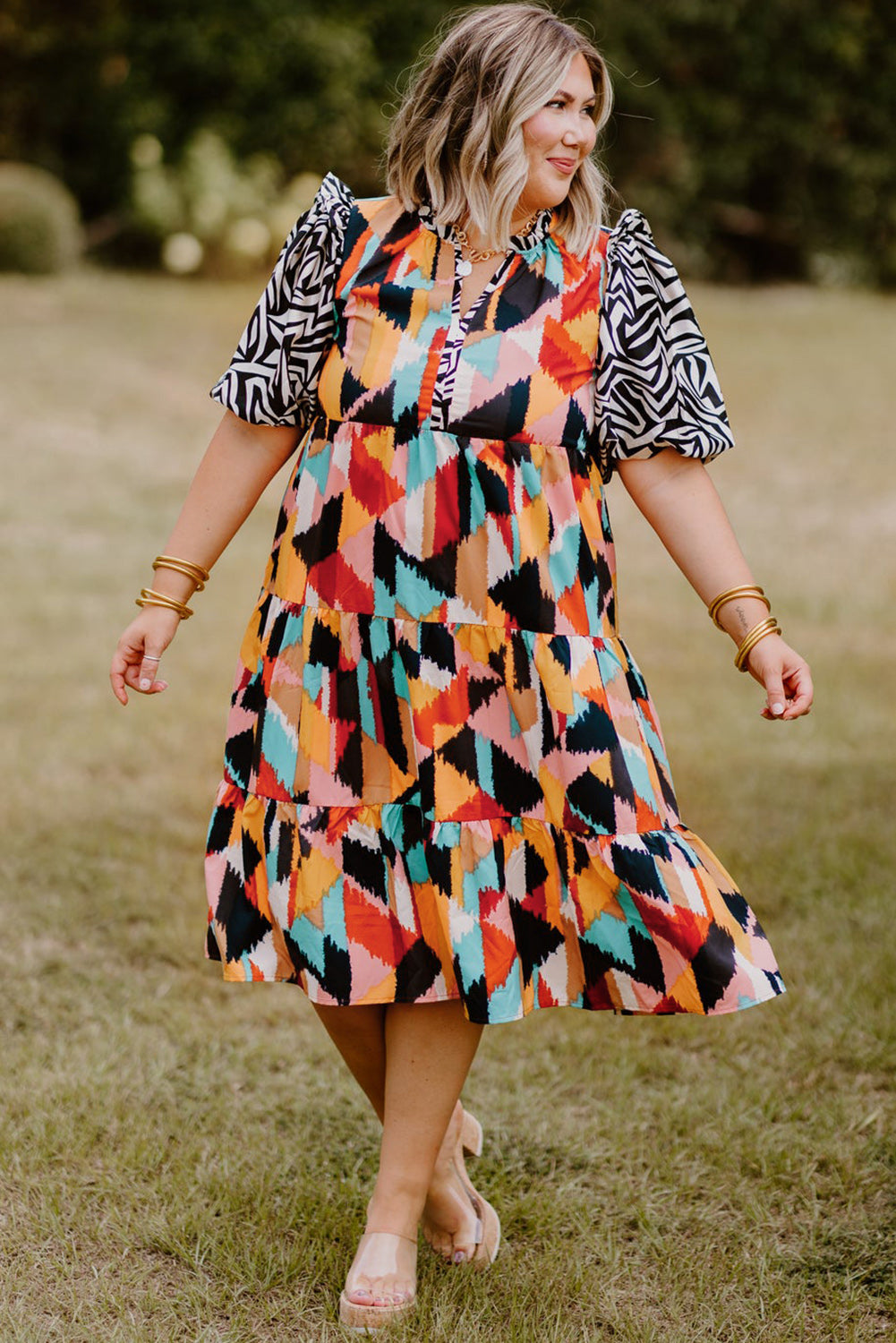 Pink Abstract Print Contrast Puff Sleeve Tiered Plus Size Dress