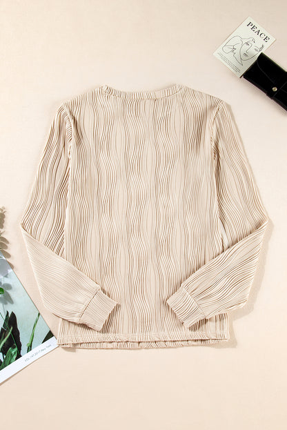 White Wavy Textured Solid Color Drop Shoulder Pullover Top