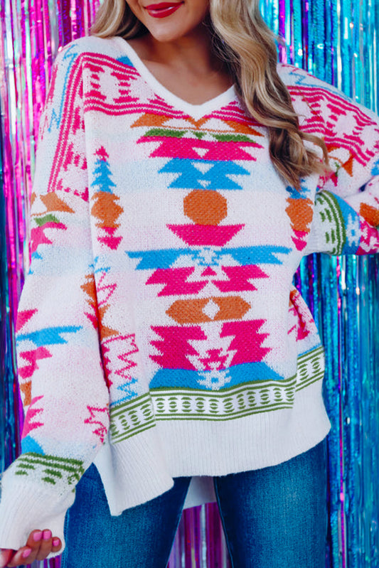 White Oversized Geometric Print High Low V Neck Sweater