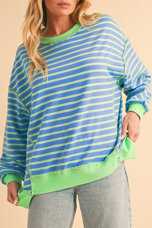 Sky Blue Stripe Contrast Trim High Low Tunic Sweatshirt