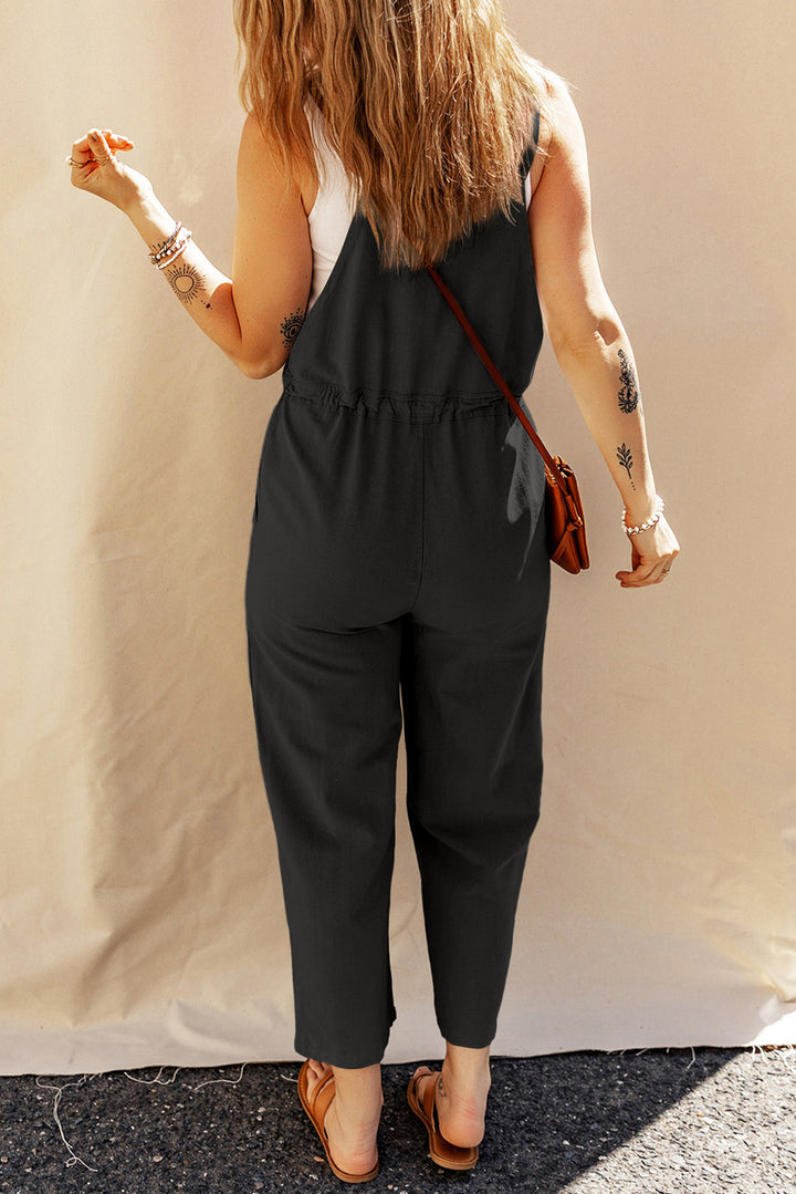 Black Drawstring Buttoned Straps Cropped Jumpsuit