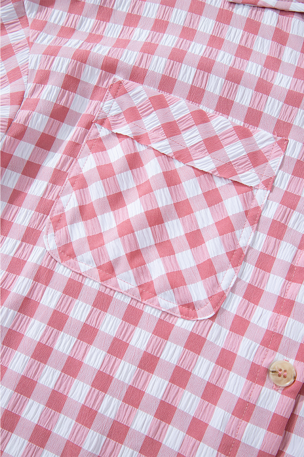 Pink Gingham Print Chest Pockets Buttoned Shirt