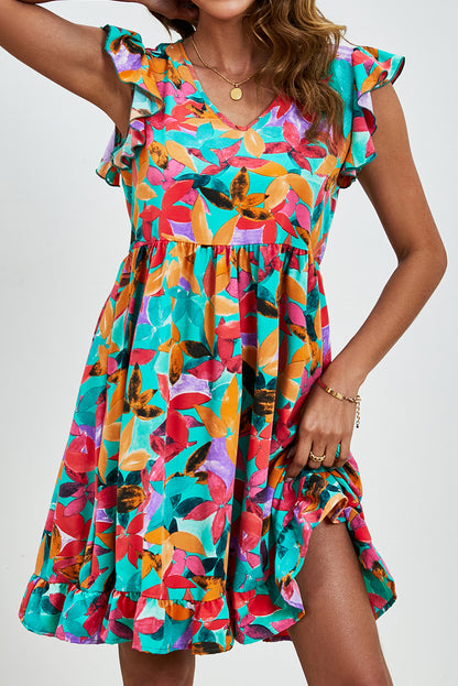 Green Leaf Print V Neck Fly Sleeve Midi Dress