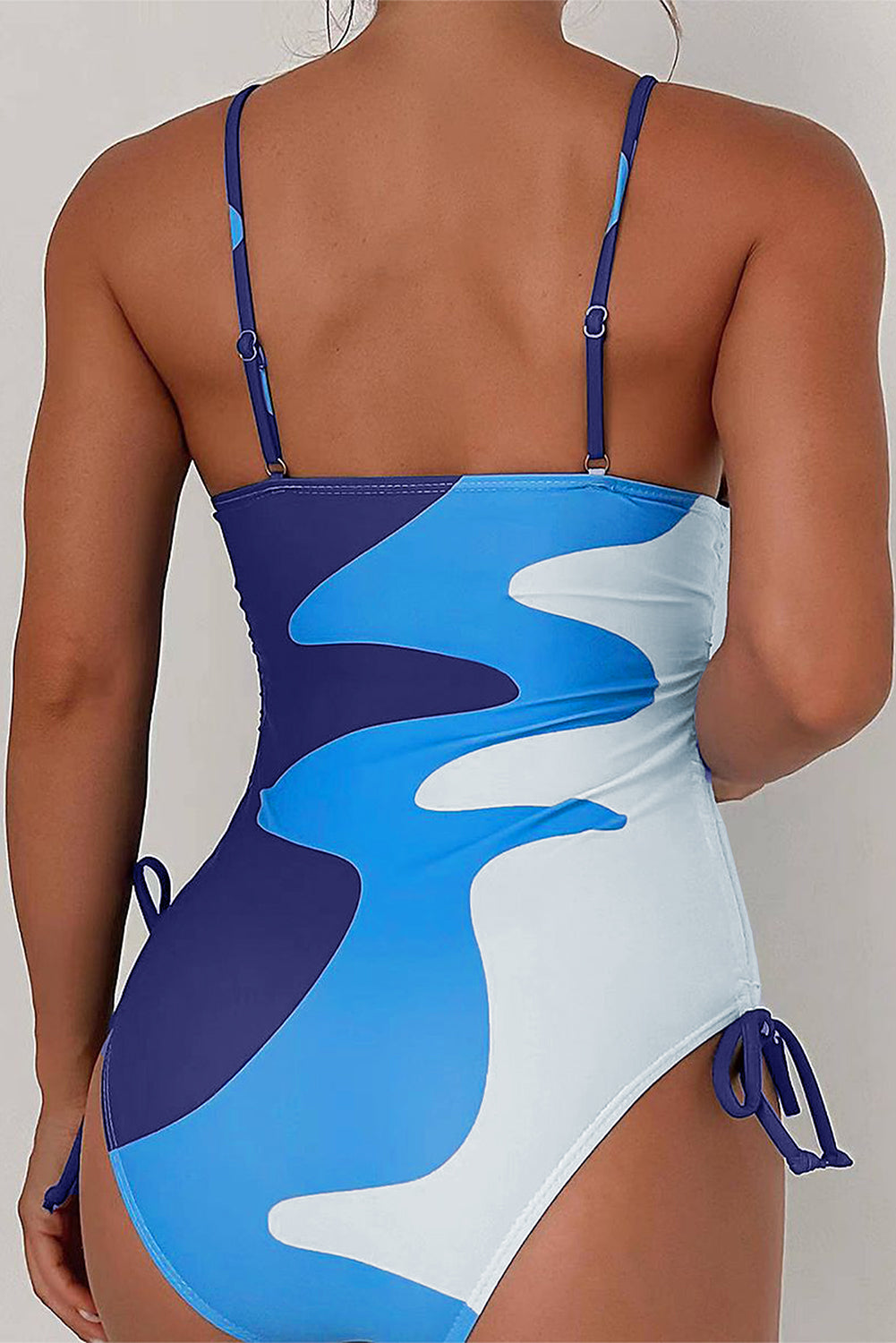 Sky Blue Color Block Drawstring Sides One Piece Swimsuit