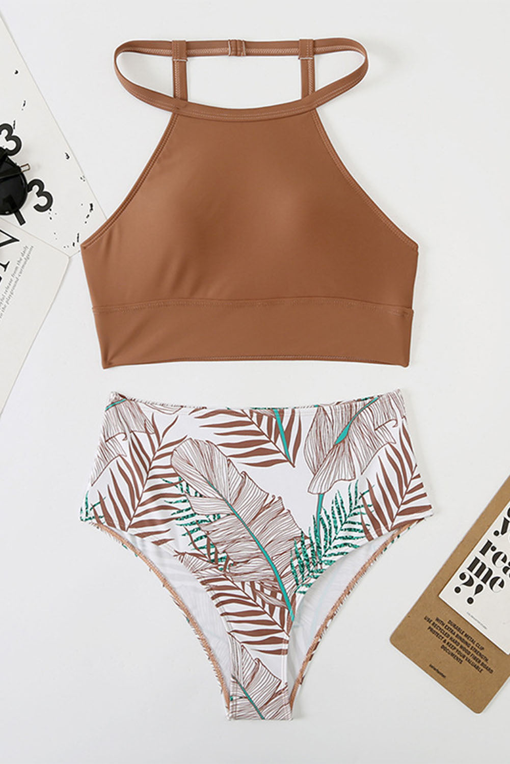 Tropical Print Back Split Color Block High Waisted Swimsuit