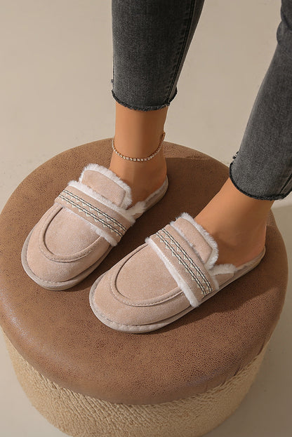 Gray Suede Wavy Striped Plush Lined Home Slippers