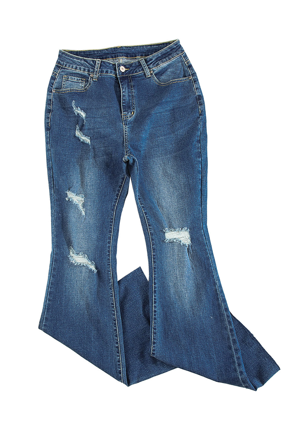 Dark Blue Wash Ripped Mid Rise Flare Jeans