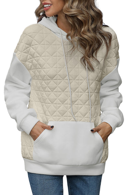 Beige Drop Shoulder Kangaroo Pocket Patchwork Quilted Hoodie