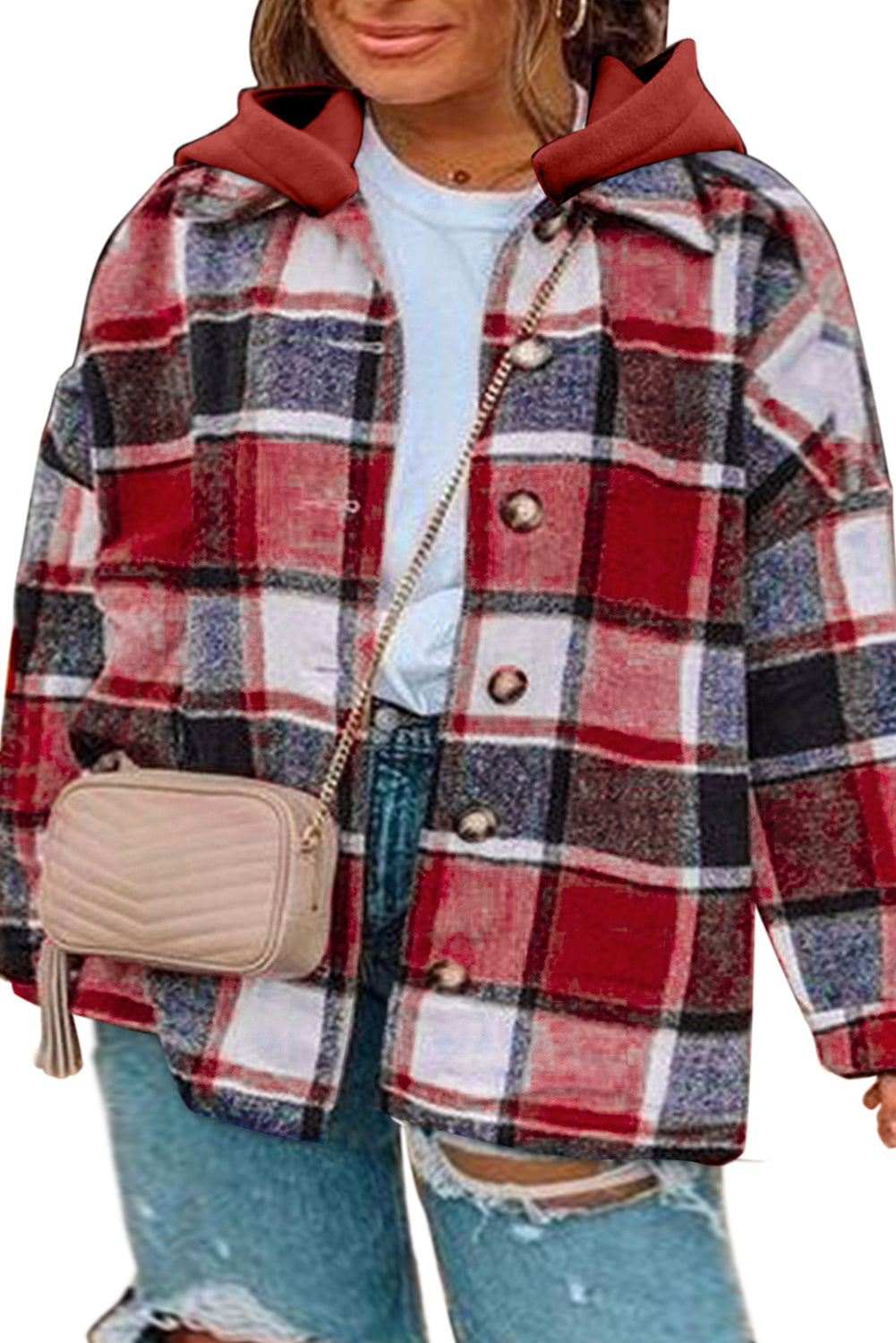 Red Plus Size Plaid Button Up Hooded Jacket