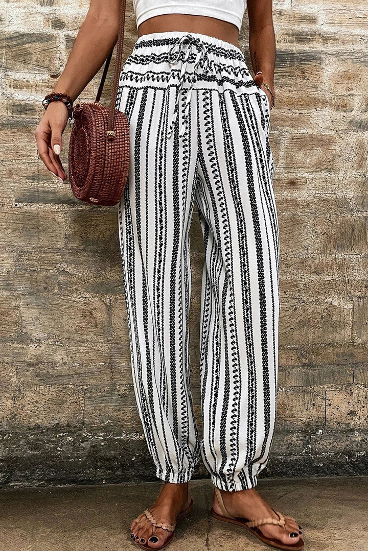 Black Stripe Geometric Print Drawstring Cuff Pants