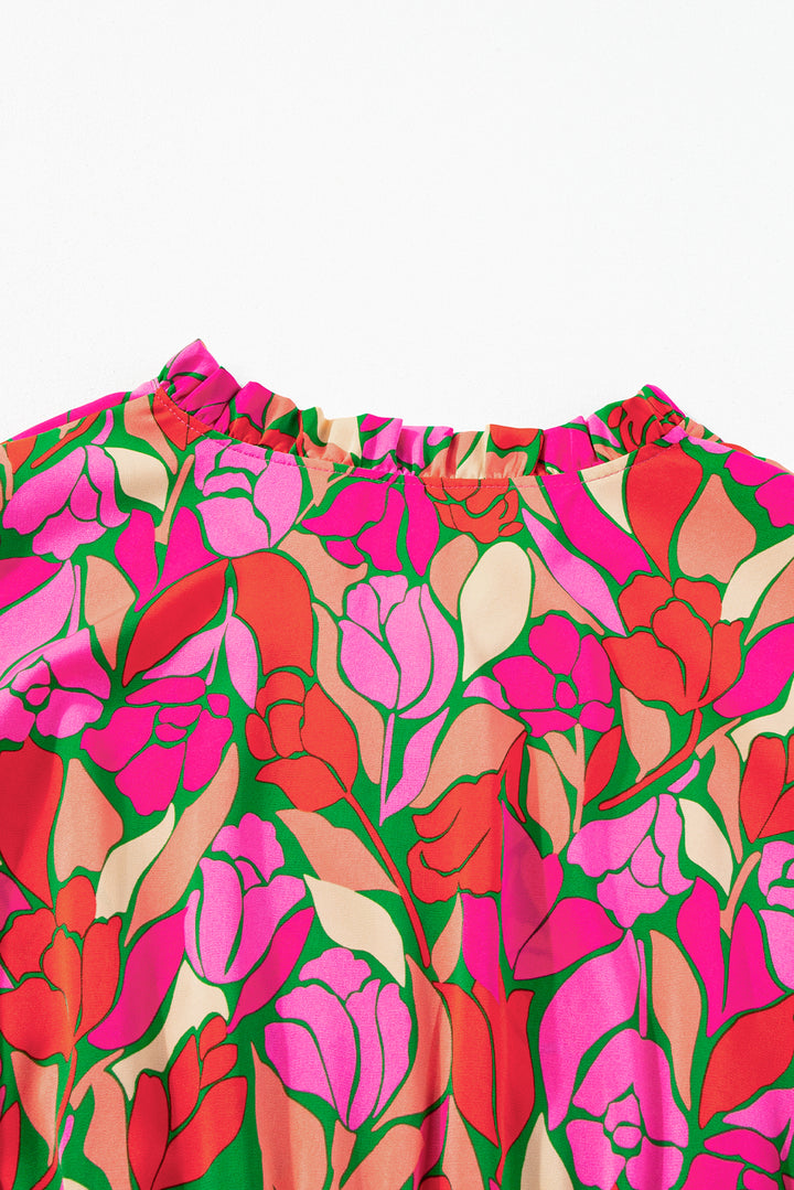 Pink Flounce Sleeve Smocked Waist Floral Maxi Dress
