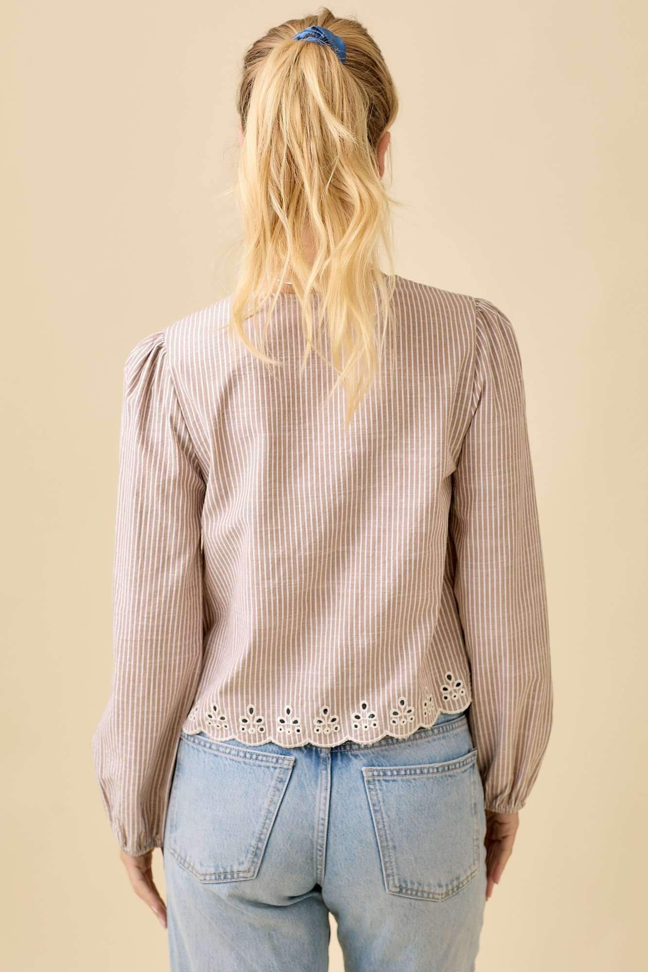 V-neck Scallop Embroidered Top With Front Tie