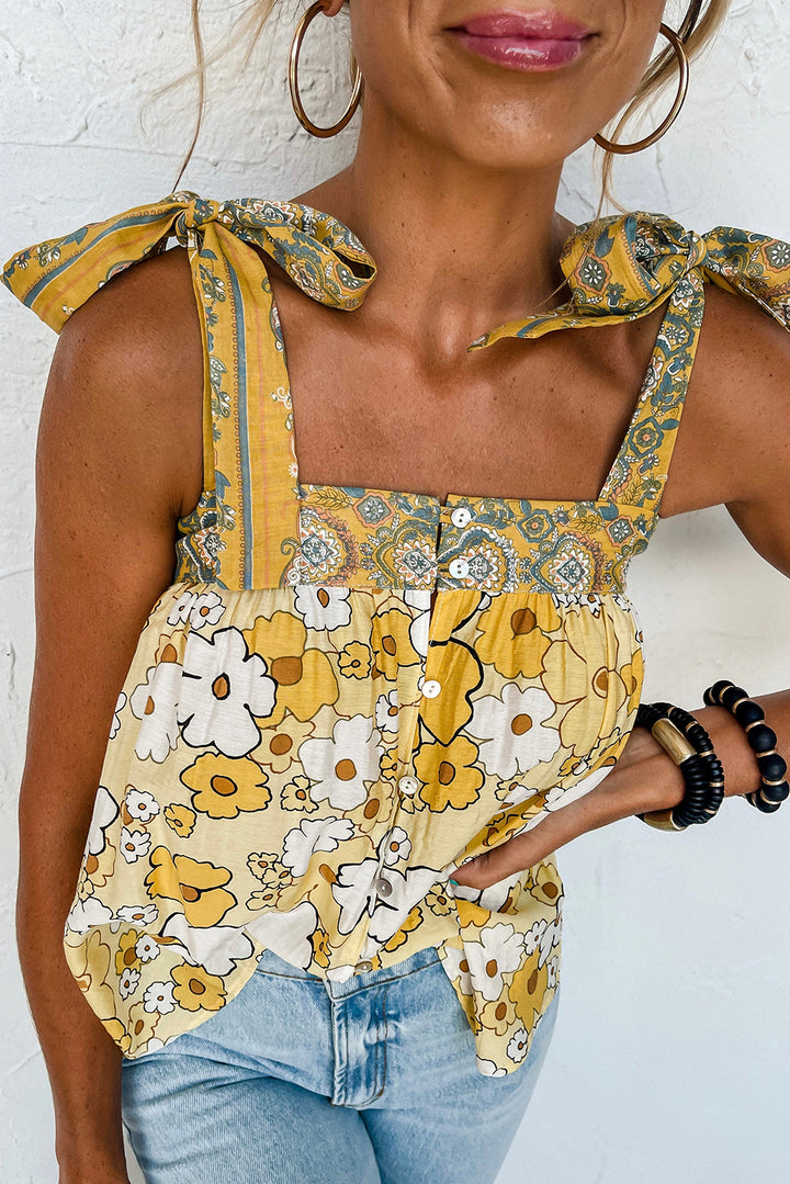 Yellow Floral Patchwork Boho Knot Straps Top