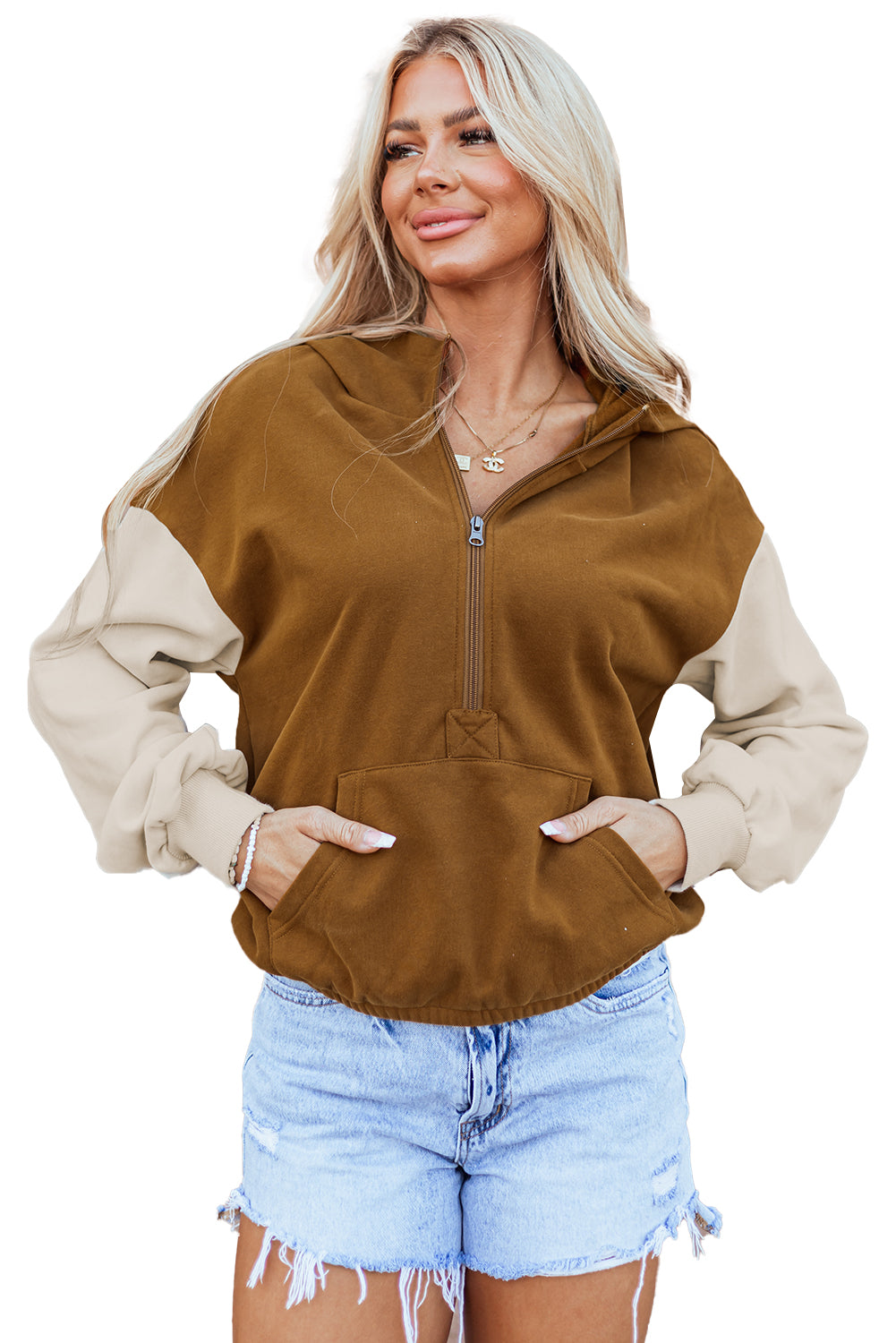 Chestnut Color Block Half Zip Kangaroo Pocketed Hoodie