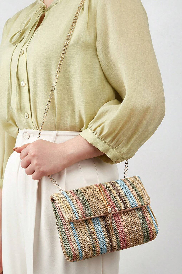 Apricot Striped Crochet Flapped Shoulder Bag