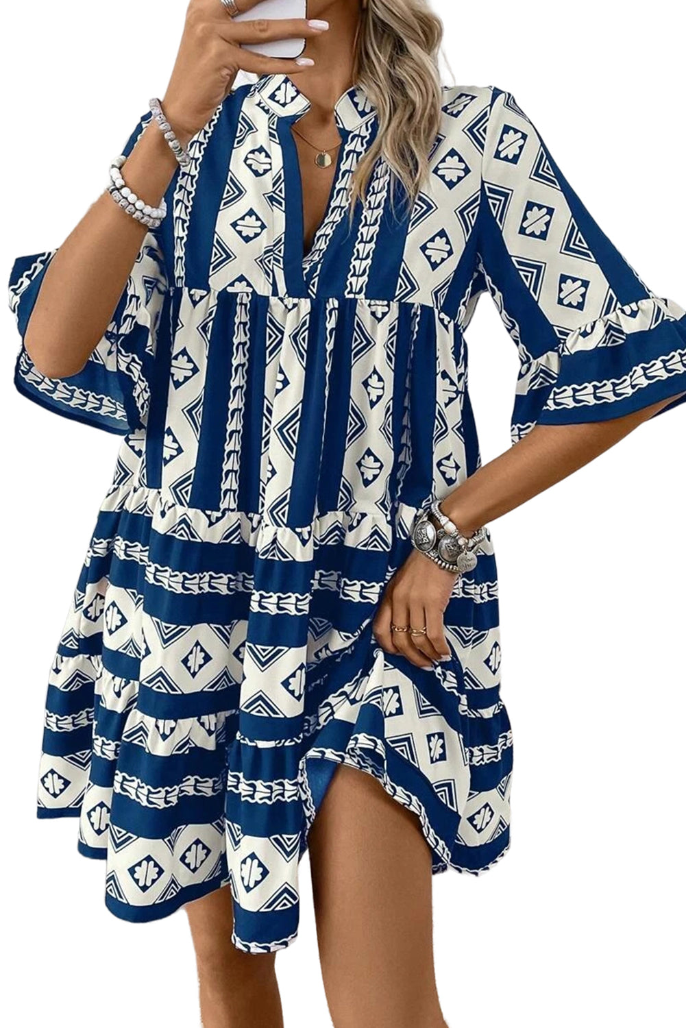 Blue Abstract Print Bell Sleeve V Neck Boho Tiered Dress
