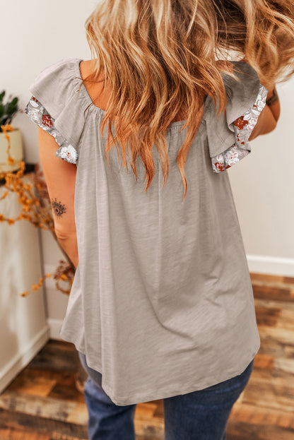 Gray Floral Print Patchwork Square Neck Ruffle Sleeve Blouse