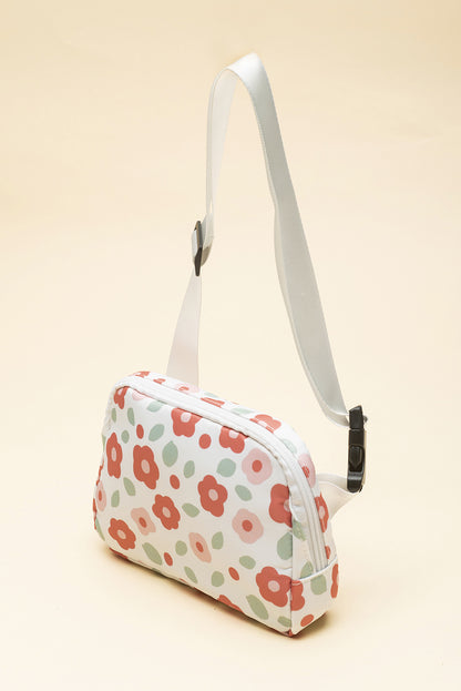 White 60s Vintage Flower Print Zip Up Crossbody Bag