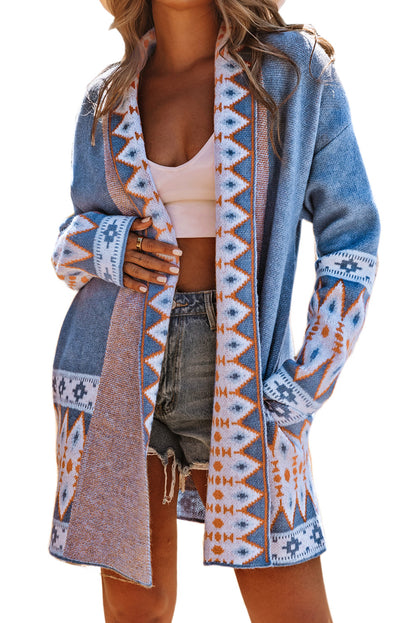 Blue Geometric Print Open Front Knit Cardigan