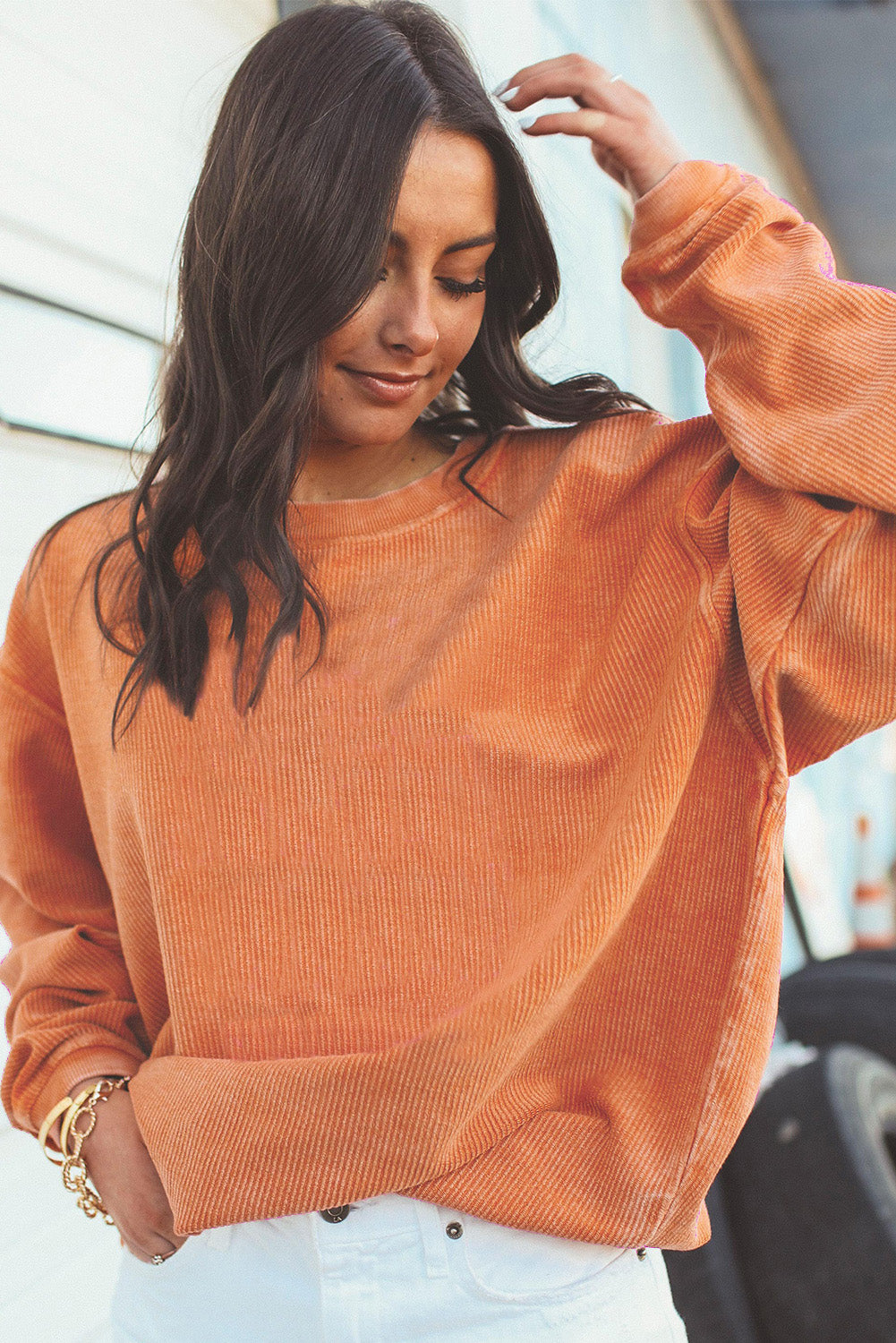 Apricot Drop Shoulder Ribbed Oversized Sweatshirt