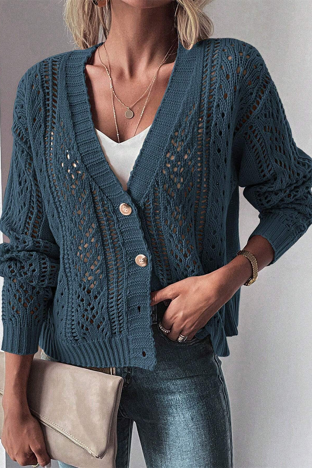 Dark Khaki Hollow Knit Drop Shoulder Cardigan